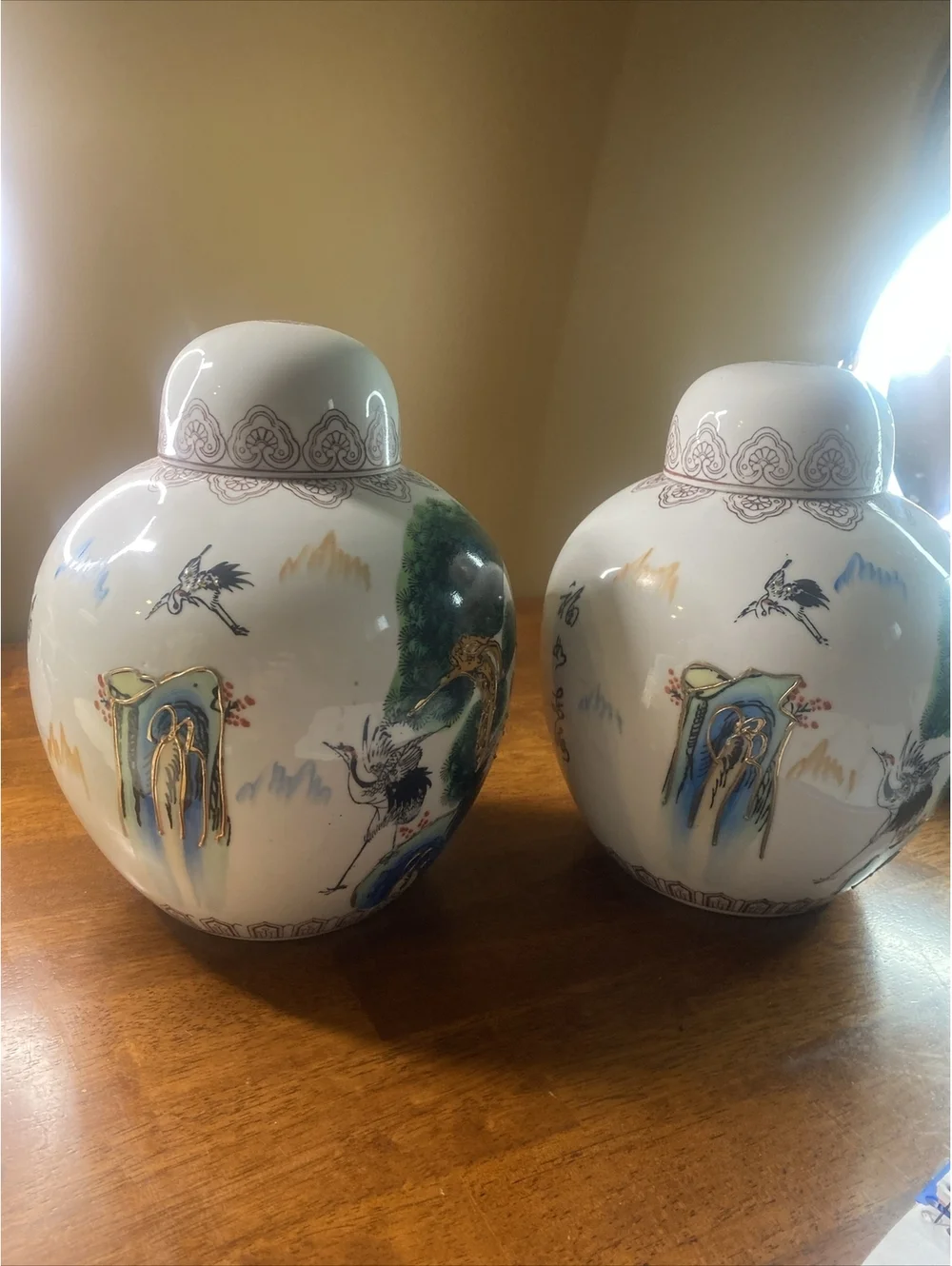 CHINESE OR JAPANESE ASIAN VASE CADDY JAR POEM PAINTED MORIAGE LOTUS BIRDS PAIR